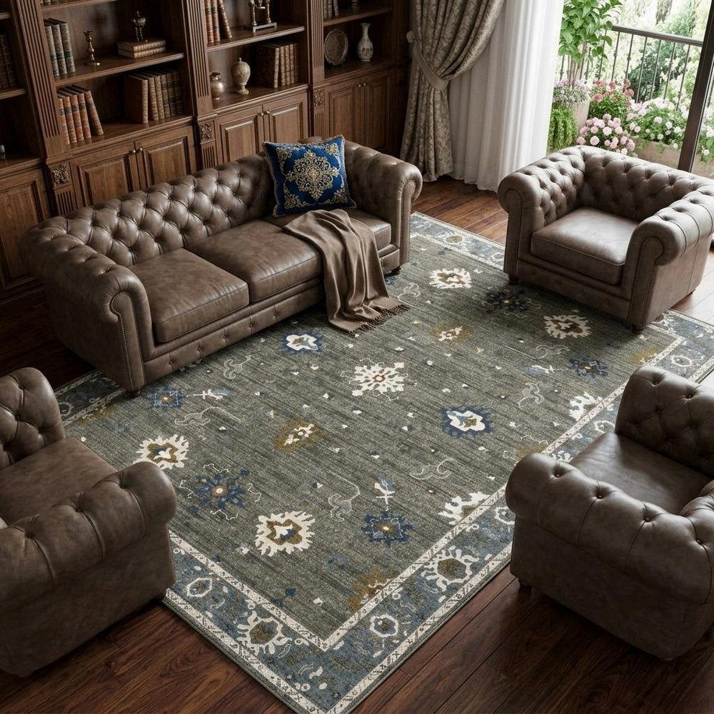 8' X 11' Blue Ivory And Gray Oriental Area Rug