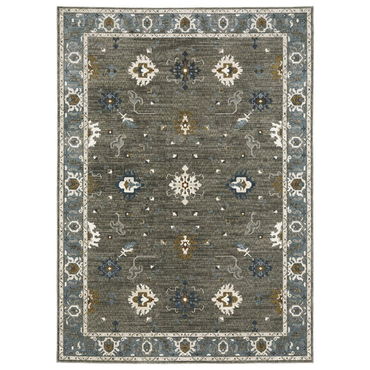 8' X 11' Blue Ivory And Gray Oriental Area Rug
