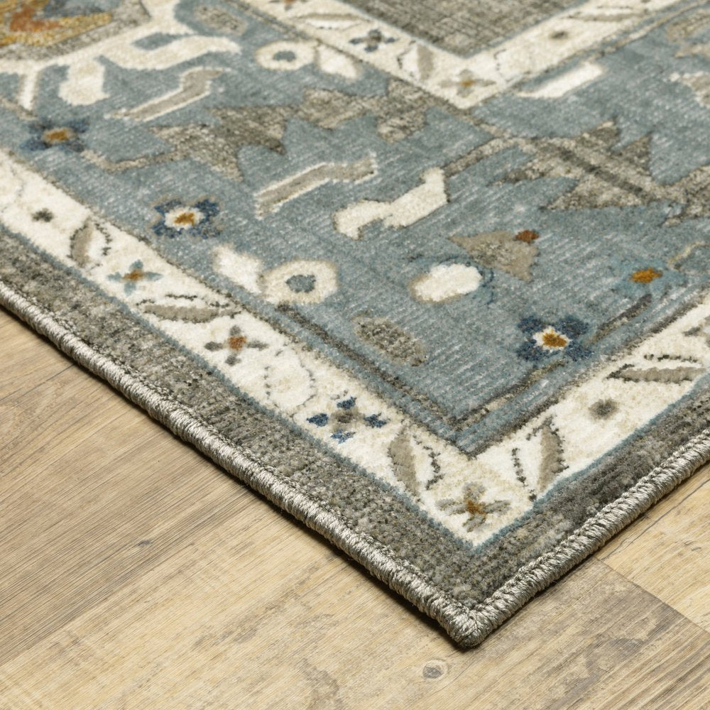 8' X 11' Blue Ivory And Gray Oriental Area Rug