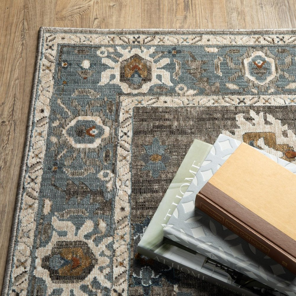 8' X 11' Blue Ivory And Gray Oriental Area Rug