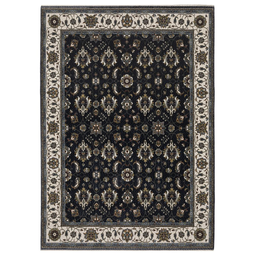 8' X 11' Blue And Ivory Oriental Area Rug With Fringe