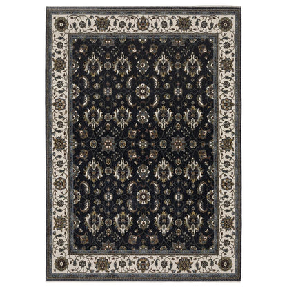 8' X 11' Blue And Ivory Oriental Area Rug With Fringe