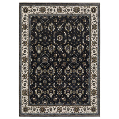 8' X 11' Blue And Ivory Oriental Area Rug With Fringe