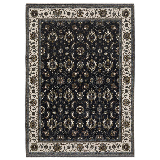 8' X 11' Blue And Ivory Oriental Area Rug With Fringe