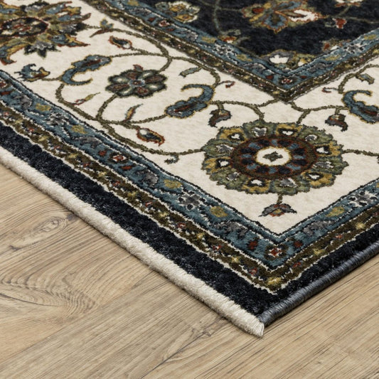 8' X 11' Blue And Ivory Oriental Area Rug With Fringe