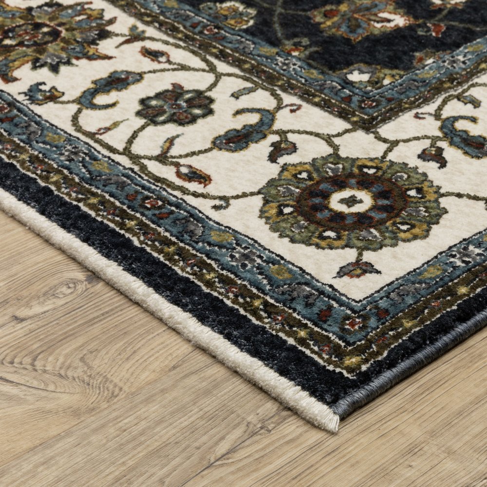8' X 11' Blue And Ivory Oriental Area Rug With Fringe