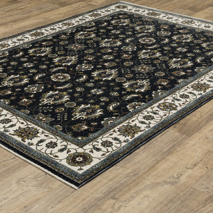 8' X 11' Blue And Ivory Oriental Area Rug With Fringe