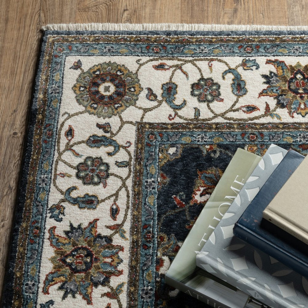 8' X 11' Blue And Ivory Oriental Area Rug With Fringe