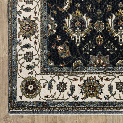 8' X 11' Blue And Ivory Oriental Area Rug With Fringe