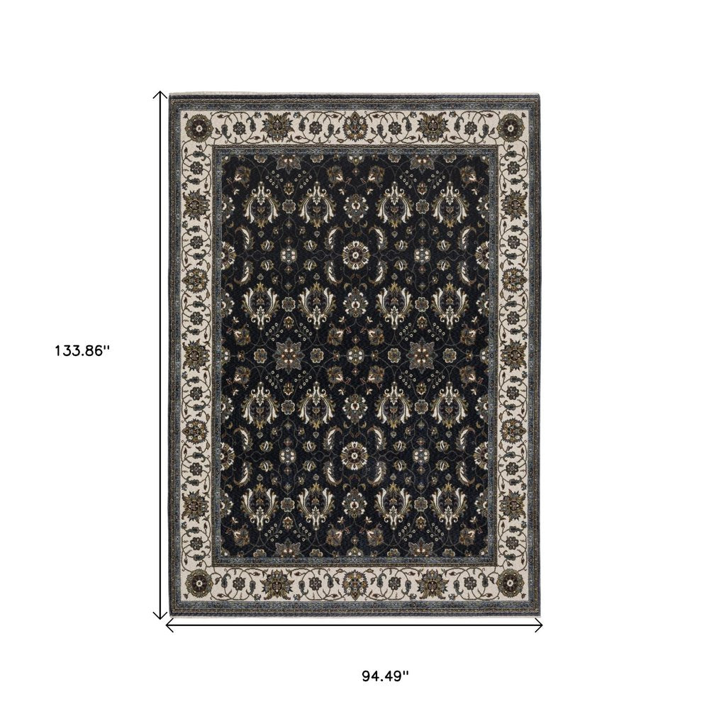8' X 11' Blue And Ivory Oriental Area Rug With Fringe