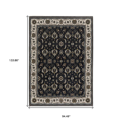 8' X 11' Blue And Ivory Oriental Area Rug With Fringe