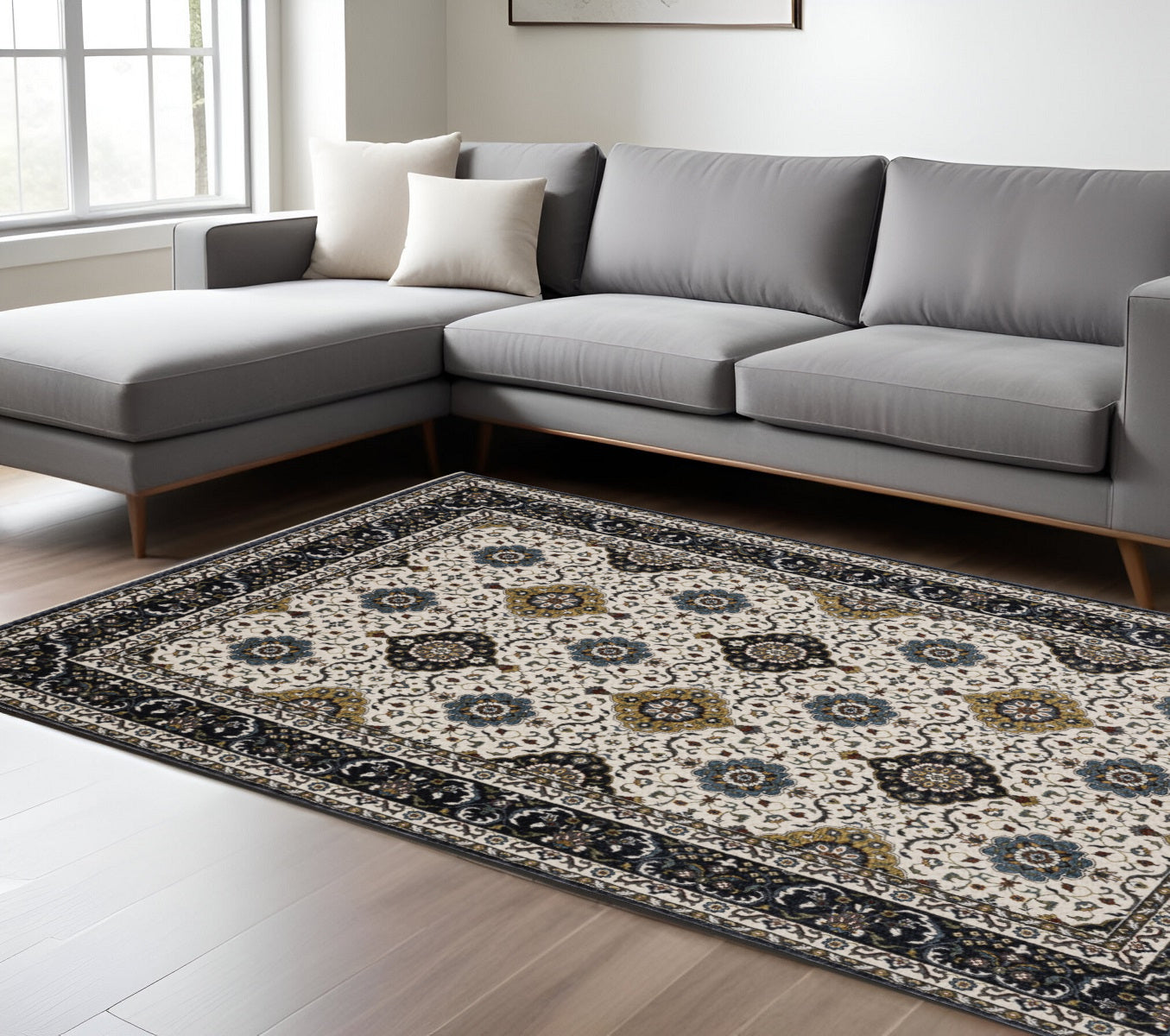 8' X 11' Ivory Medallion Area Rug With Fringe