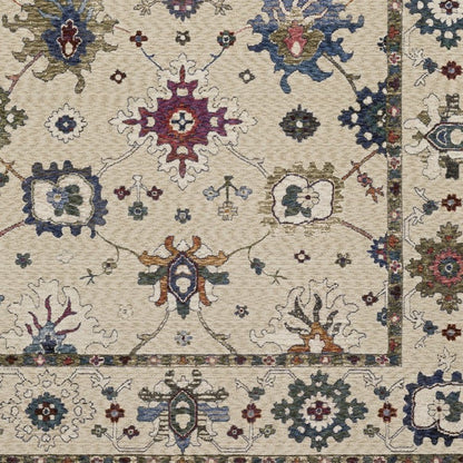 8' X 11' Ivory Blue And Light Brown Floral Area Rug With Fringe