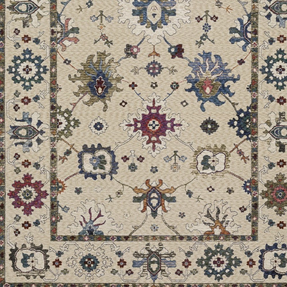 8' X 11' Ivory Blue And Light Brown Floral Area Rug With Fringe