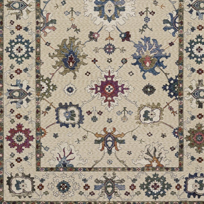 8' X 11' Ivory Blue And Light Brown Floral Area Rug With Fringe