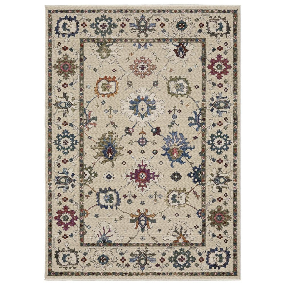 8' X 11' Ivory Blue And Light Brown Floral Area Rug With Fringe