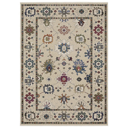 8' X 11' Ivory Blue And Light Brown Floral Area Rug With Fringe