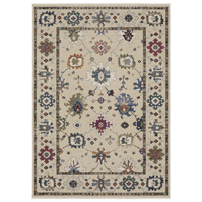 8' X 11' Ivory Blue And Light Brown Floral Area Rug With Fringe