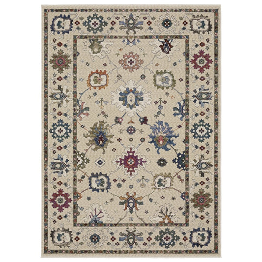 8' X 11' Ivory Blue And Light Brown Floral Area Rug With Fringe