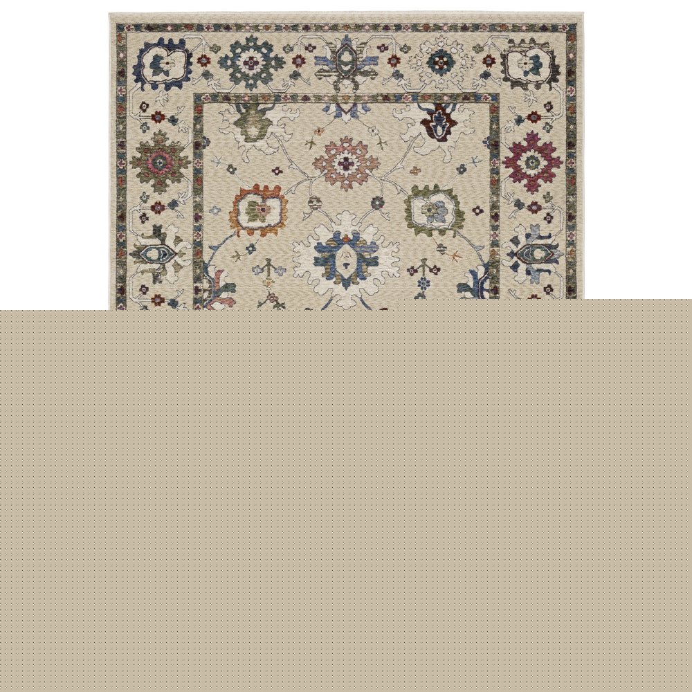 8' X 11' Ivory Blue And Light Brown Floral Area Rug With Fringe