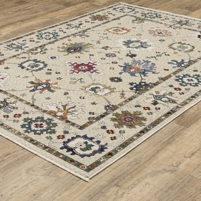 8' X 11' Ivory Blue And Light Brown Floral Area Rug With Fringe