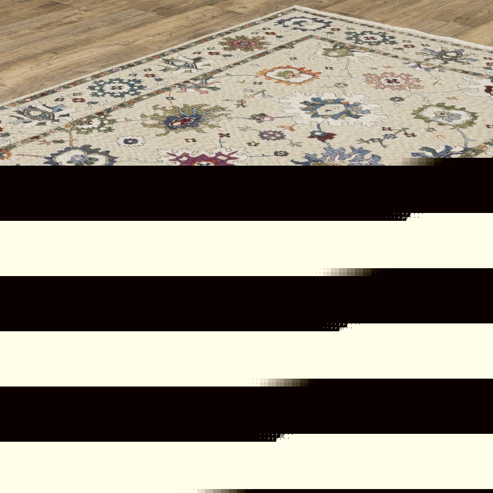 8' X 11' Ivory Blue And Light Brown Floral Area Rug With Fringe