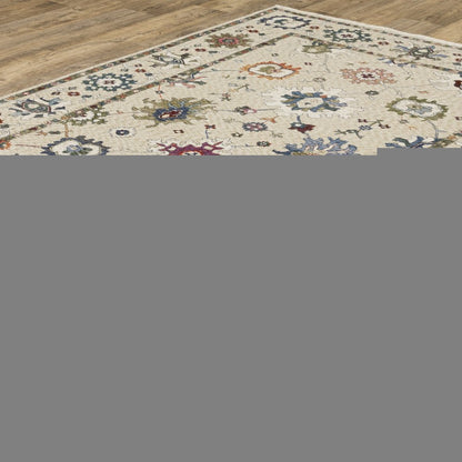 8' X 11' Ivory Blue And Light Brown Floral Area Rug With Fringe