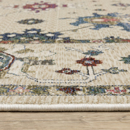 8' X 11' Ivory Blue And Light Brown Floral Area Rug With Fringe