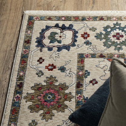8' X 11' Ivory Blue And Light Brown Floral Area Rug With Fringe