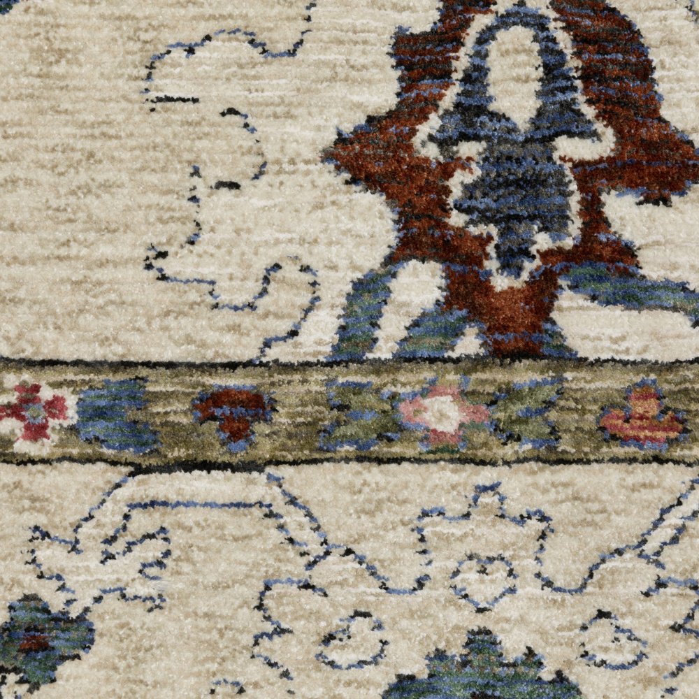 8' X 11' Ivory Blue And Light Brown Floral Area Rug With Fringe