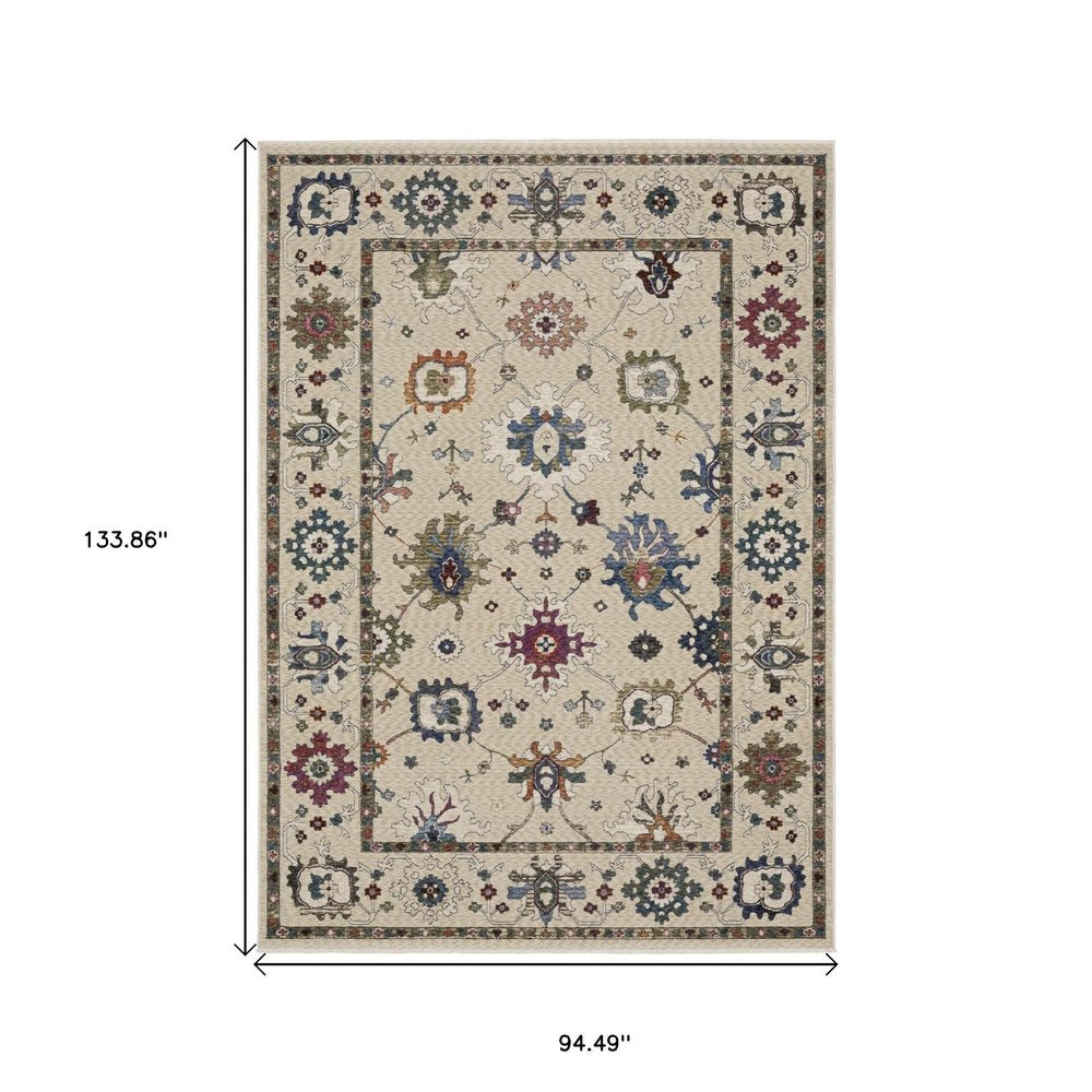8' X 11' Ivory Blue And Light Brown Floral Area Rug With Fringe