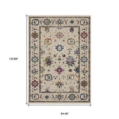 8' X 11' Ivory Blue And Light Brown Floral Area Rug With Fringe