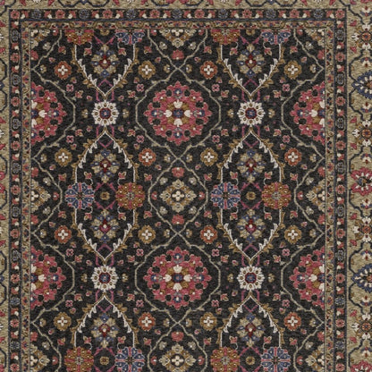 8' X 11' Charcoal And Pink Oriental Area Rug With Fringe