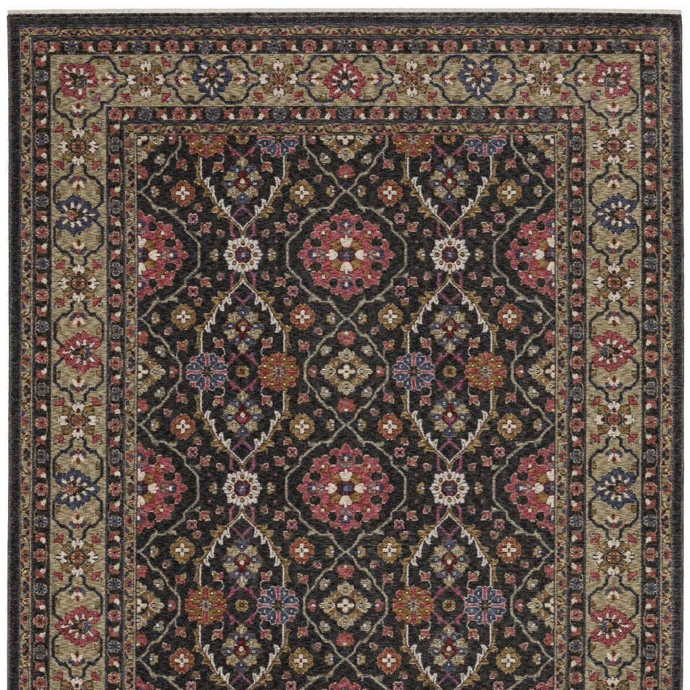 8' X 11' Charcoal And Pink Oriental Area Rug With Fringe