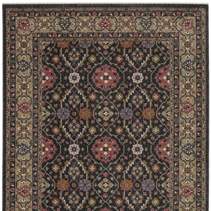 8' X 11' Charcoal And Pink Oriental Area Rug With Fringe