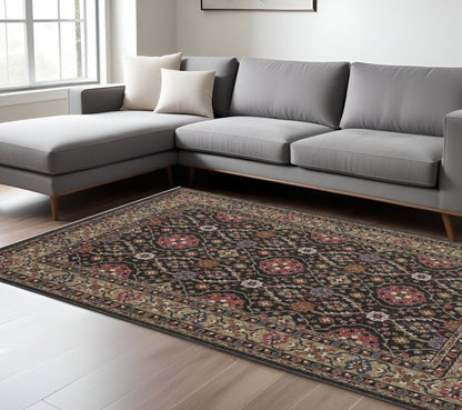 8' X 11' Charcoal And Pink Oriental Area Rug With Fringe