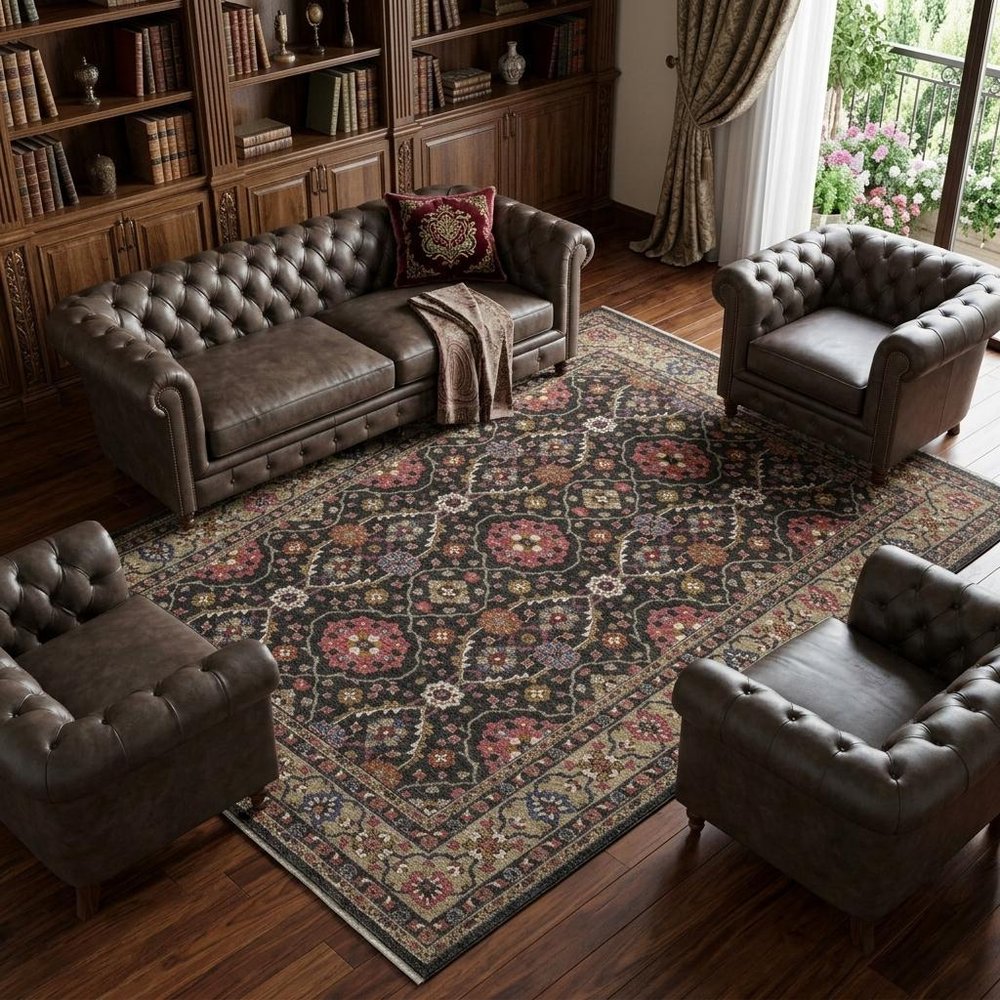 8' X 11' Charcoal And Pink Oriental Area Rug With Fringe