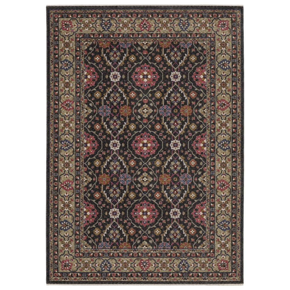 8' X 11' Charcoal And Pink Oriental Area Rug With Fringe