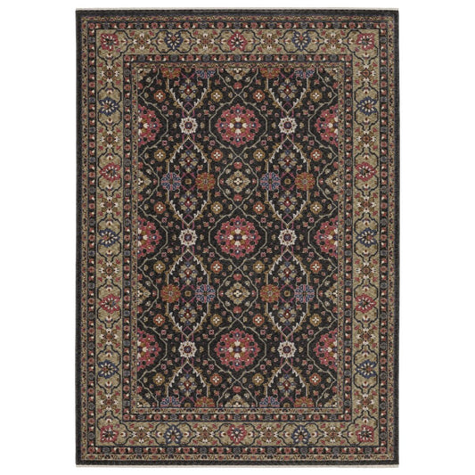 8' X 11' Charcoal And Pink Oriental Area Rug With Fringe
