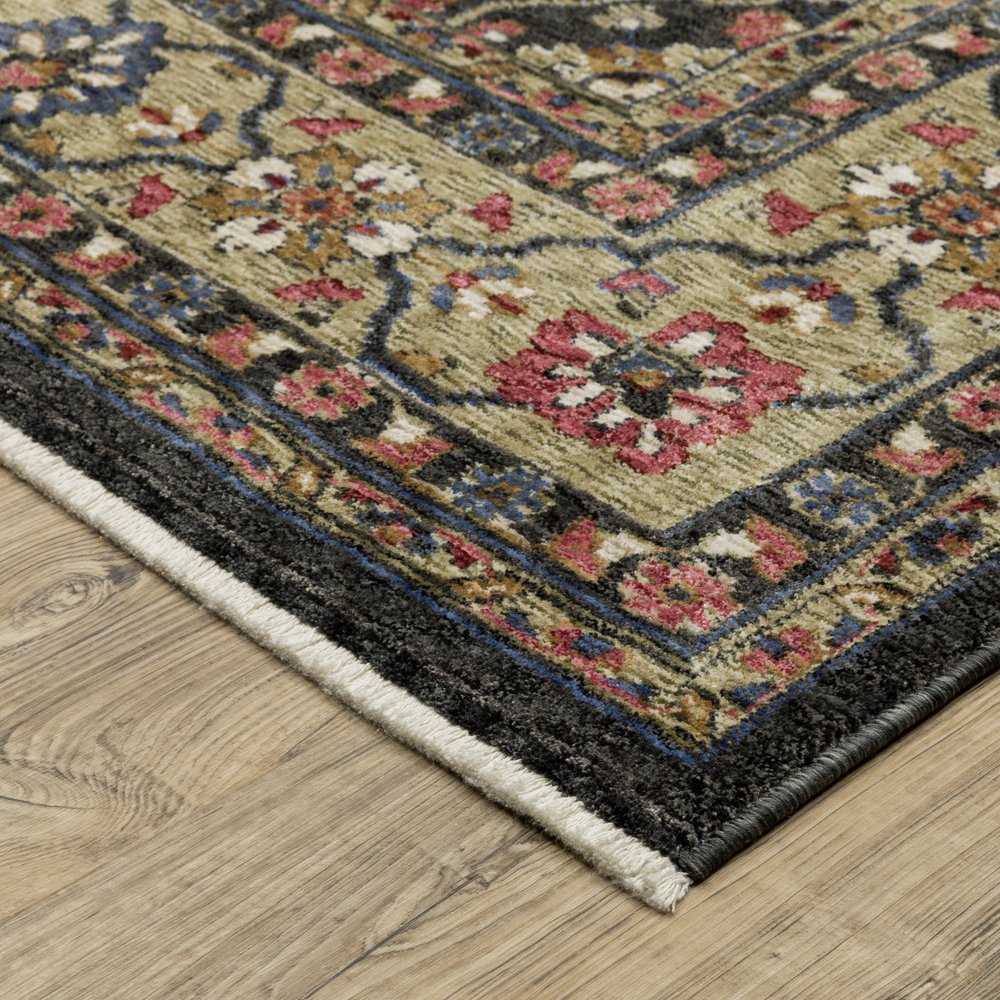 8' X 11' Charcoal And Pink Oriental Area Rug With Fringe