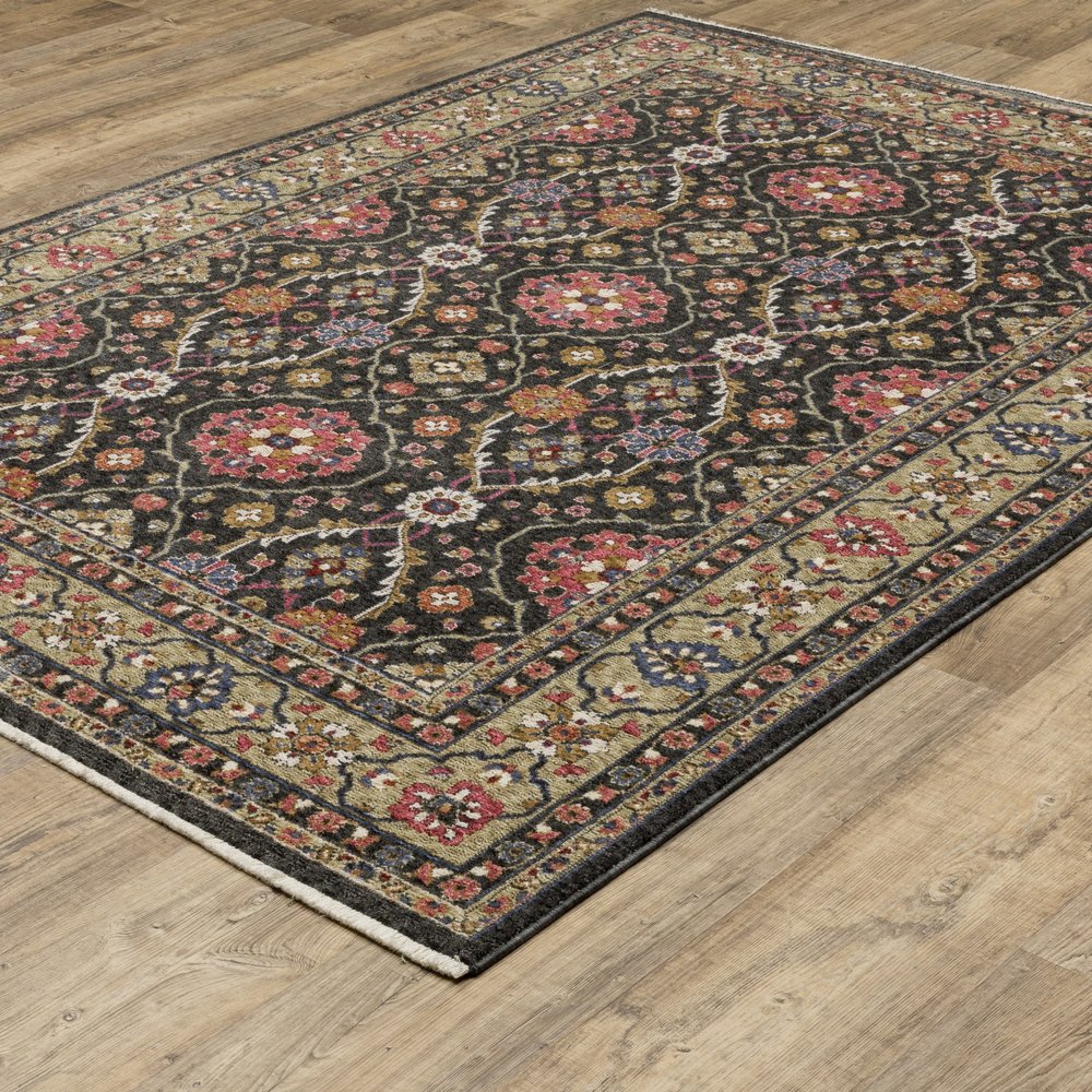 8' X 11' Charcoal And Pink Oriental Area Rug With Fringe