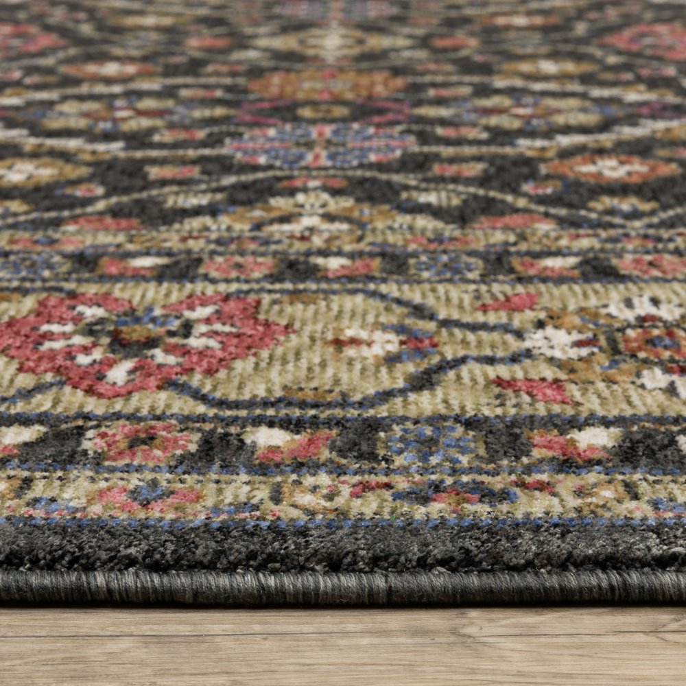 8' X 11' Charcoal And Pink Oriental Area Rug With Fringe