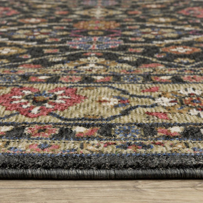 8' X 11' Charcoal And Pink Oriental Area Rug With Fringe