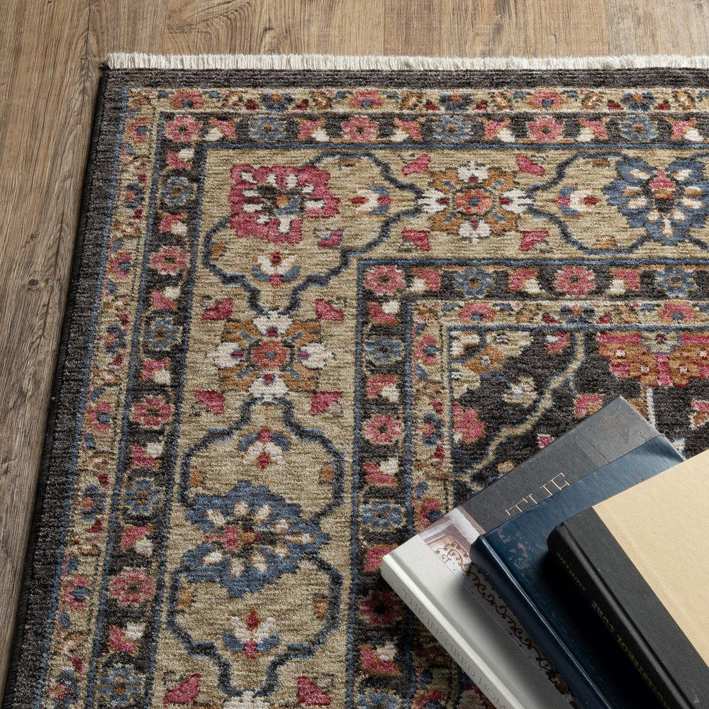 8' X 11' Charcoal And Pink Oriental Area Rug With Fringe