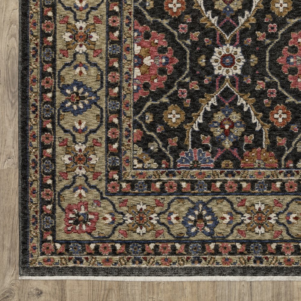 8' X 11' Charcoal And Pink Oriental Area Rug With Fringe