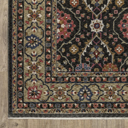 8' X 11' Charcoal And Pink Oriental Area Rug With Fringe
