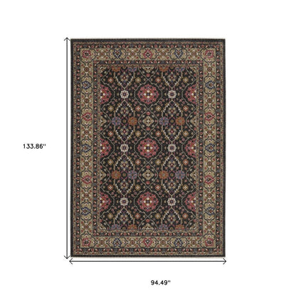 8' X 11' Charcoal And Pink Oriental Area Rug With Fringe