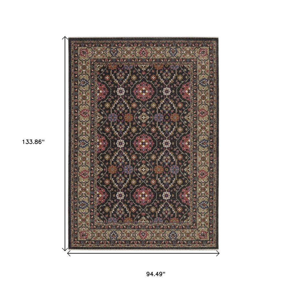 8' X 11' Charcoal And Pink Oriental Area Rug With Fringe