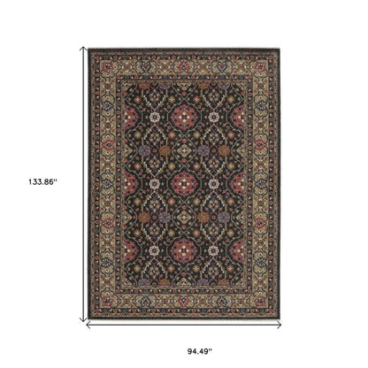 8' X 11' Charcoal And Pink Oriental Area Rug With Fringe