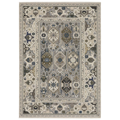 8' X 11' Ivory And Blue Oriental Area Rug With Fringe